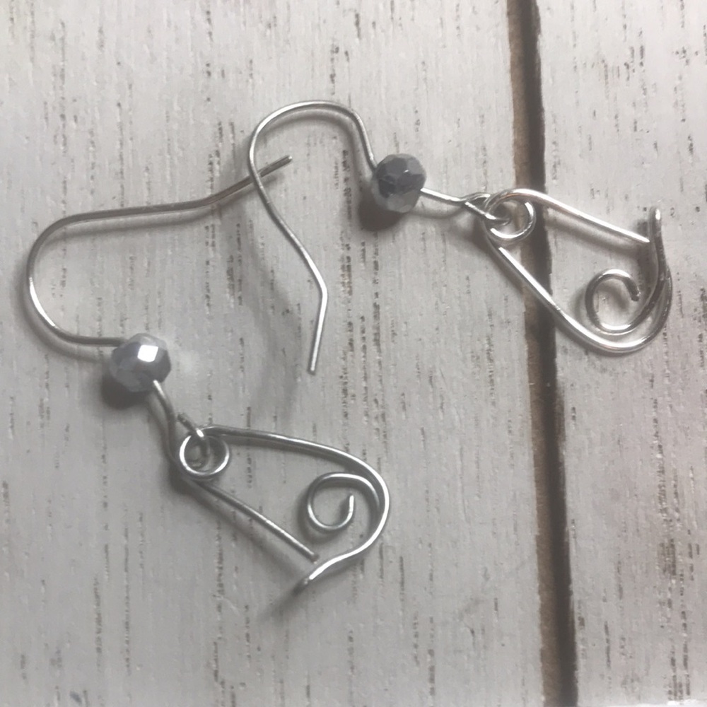 Handmade safety pin earrings. Silver Wire + bead. Dainty. Women/Juniors/Girls